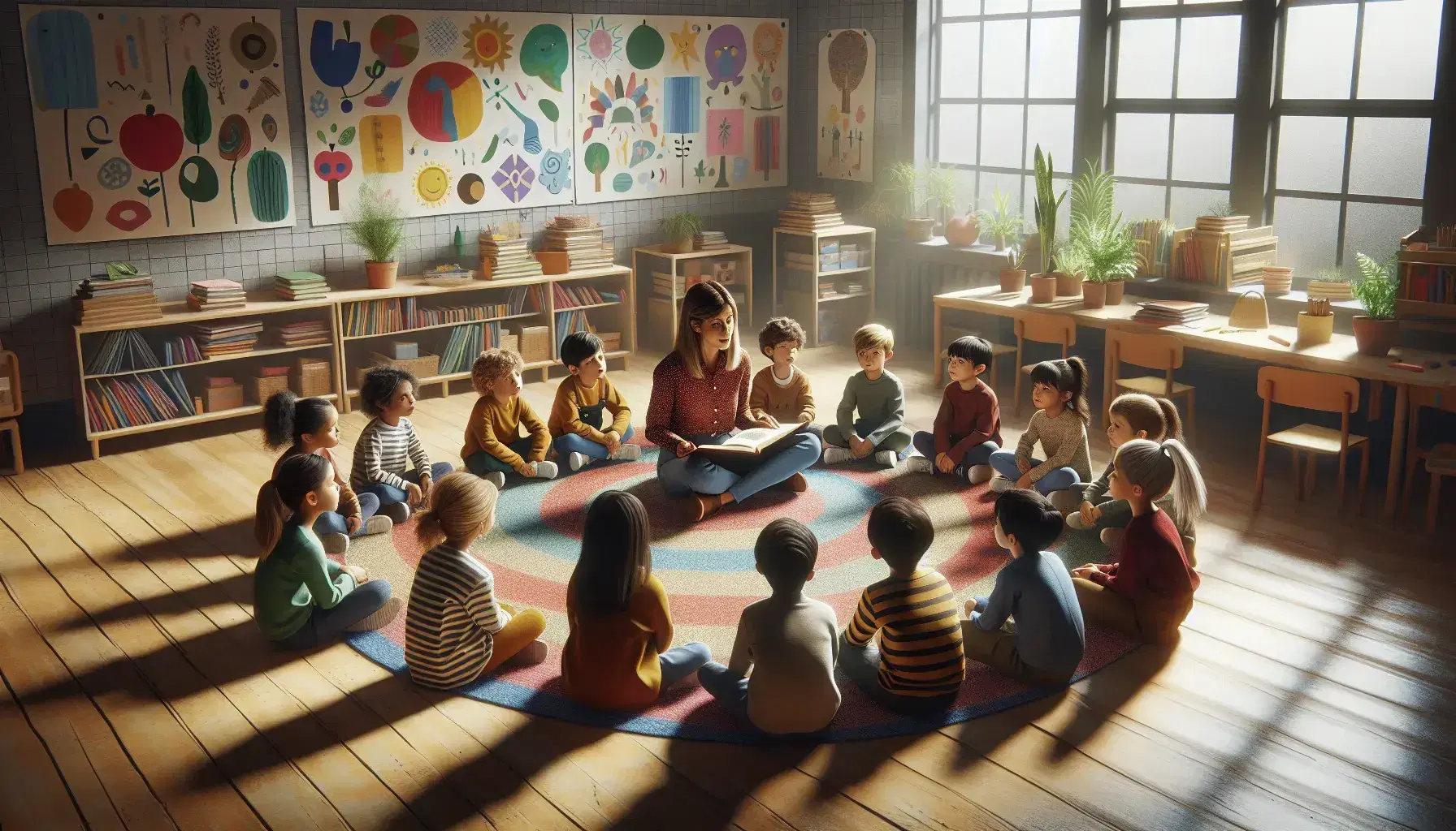 Bambini attenti ascoltano insegnante che legge libro in aula luminosa con tappeto colorato, pareti decorate e piante verdi.