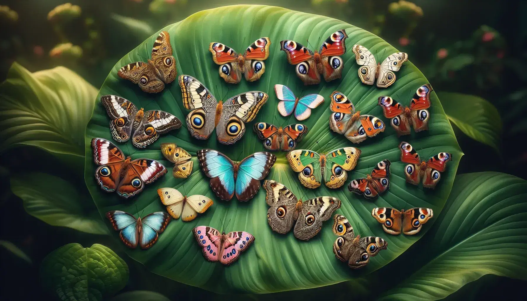 Diverse butterflies with vibrant wings rest on a lush green leaf, showcasing patterns of blues, reds, and yellows in a natural, sunlit setting.