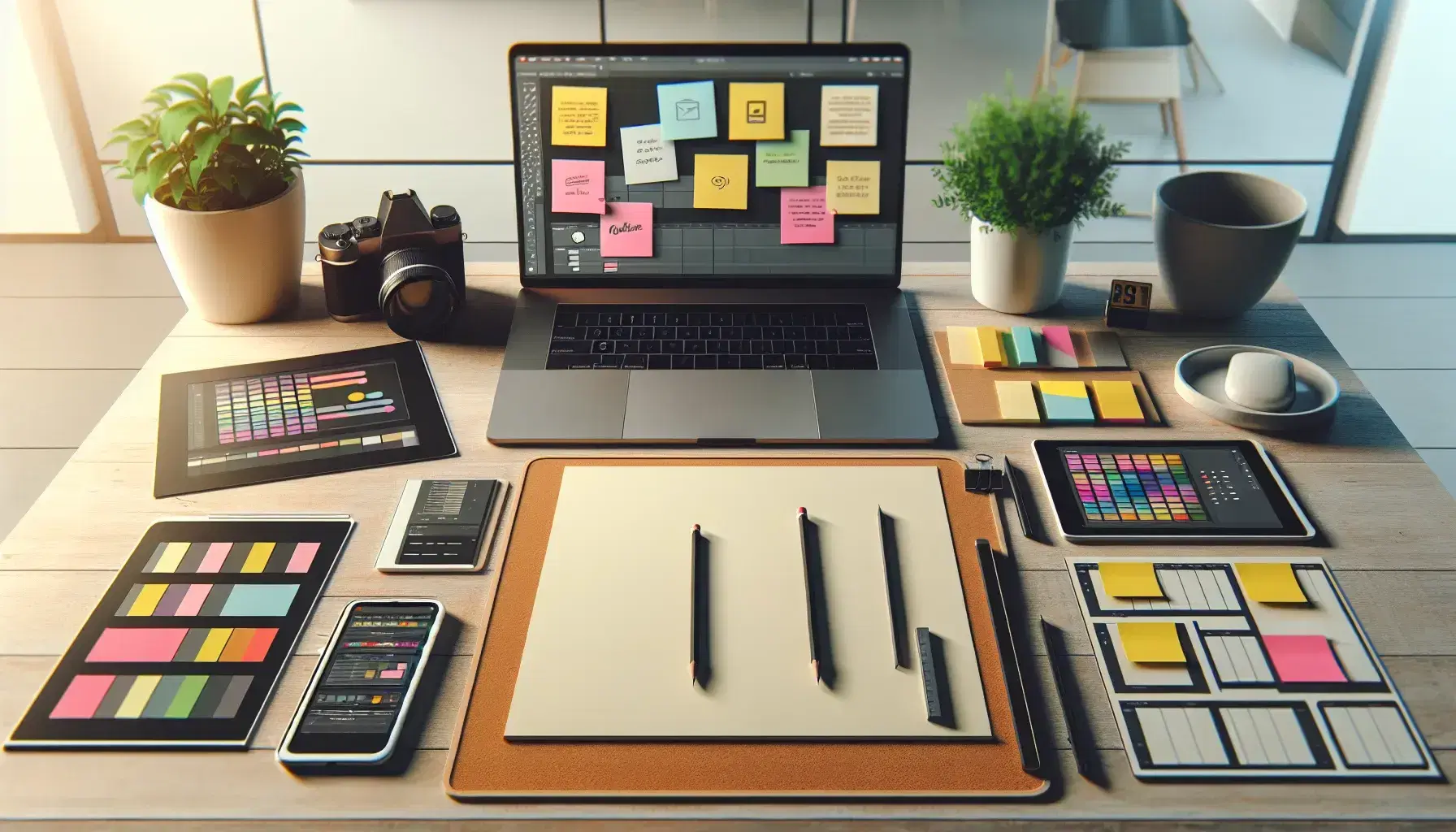 Espacio de trabajo iluminado con elementos de planificación publicitaria, hoja en blanco, lápiz, corcho con notas adhesivas coloridas, cámara digital, laptop con software de edición gráfica y smartphone con app de calendario.