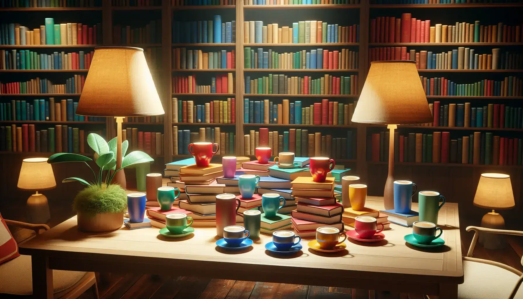 Tavolo in legno chiaro con tazze da caffè colorate e libri assortiti in biblioteca accogliente, scaffali con libri, pianta verde e luce naturale.