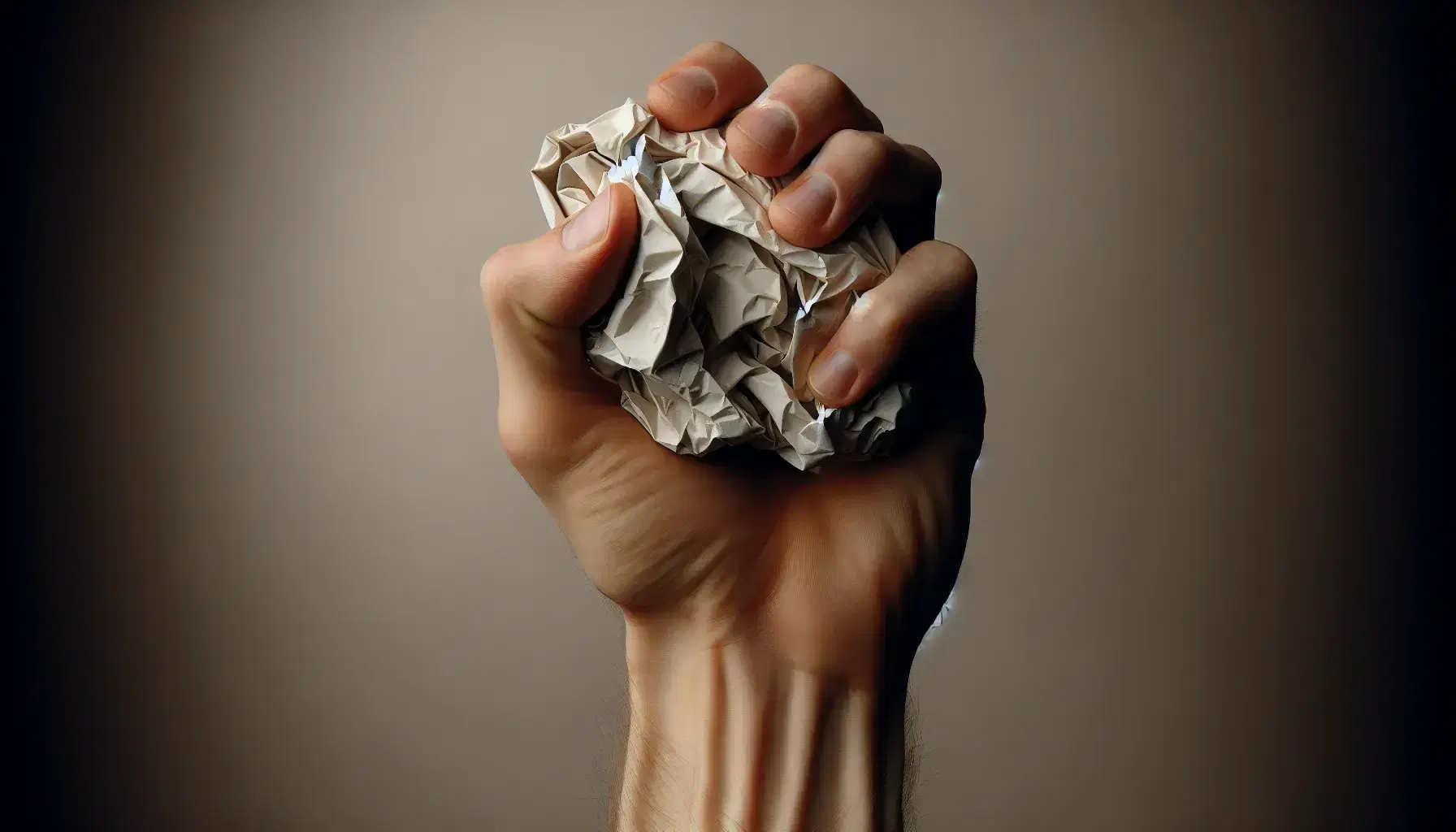 Adult hand holding a crumpled sheet of paper on a neutral background, with noticeable creases and soft lighting creating delicate shadows.