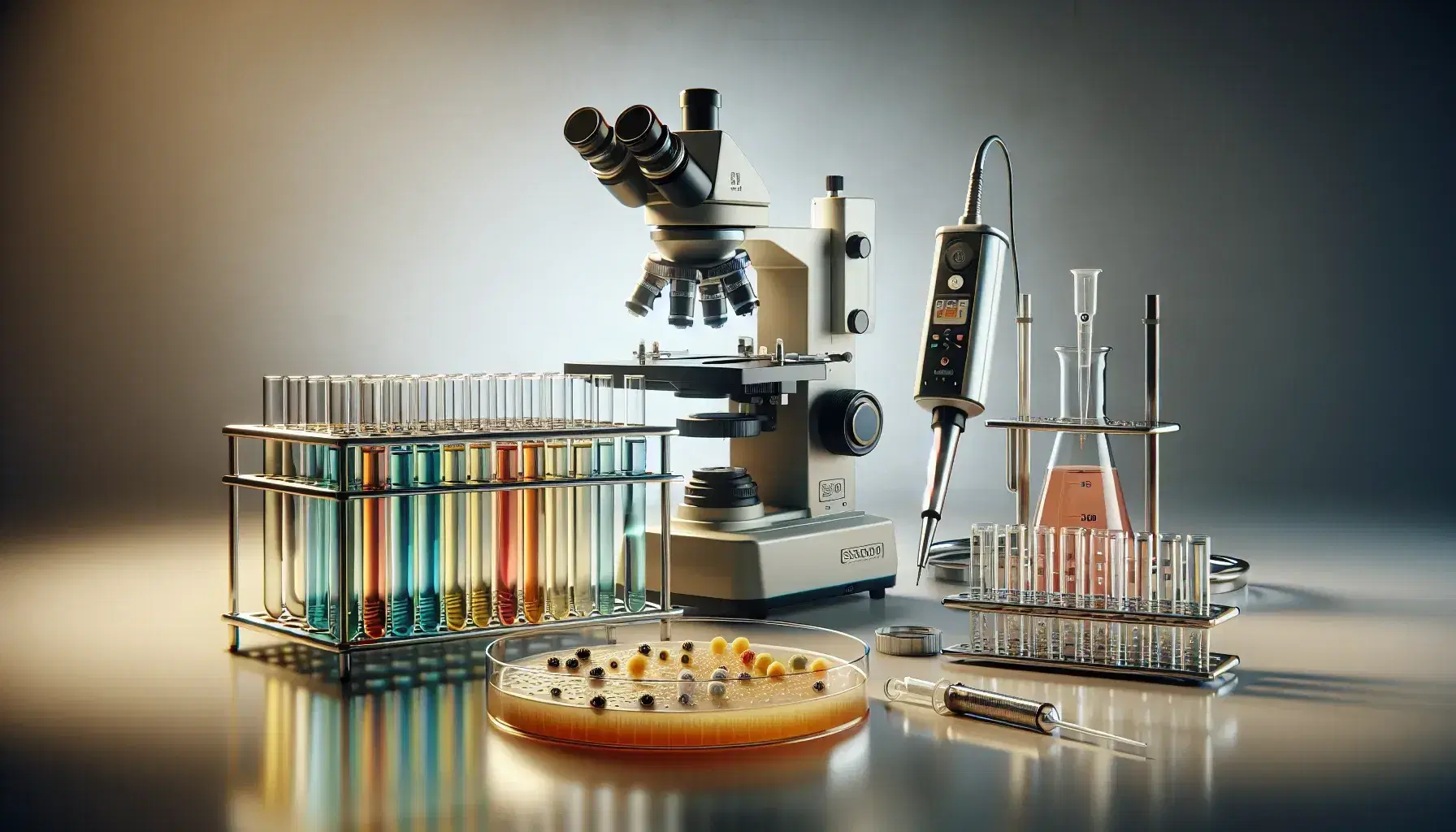 Laboratorio con tubos de ensayo de colores en estante metálico, microscopio óptico, pipeta automática y placa de Petri con cultivo bacteriano.