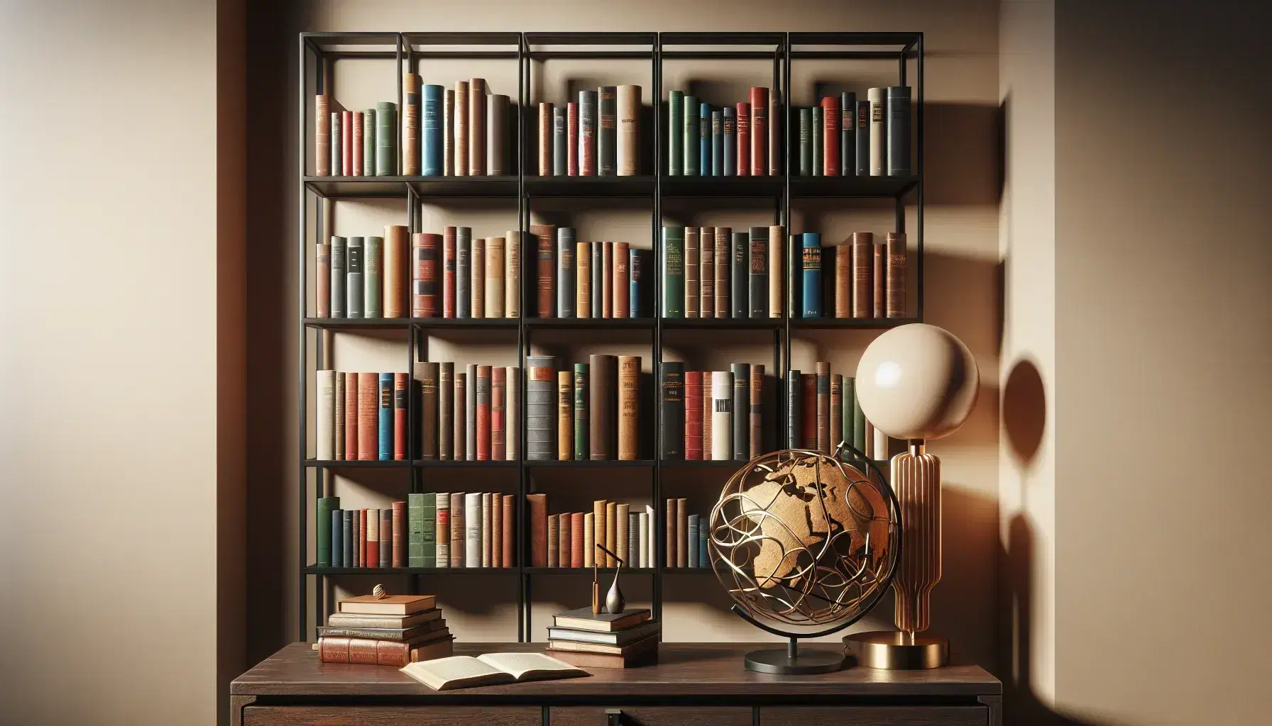 Estantería de madera oscura repleta de libros de colores variados con mesa y lámpara moderna, junto a un globo terráqueo antiguo y figura metálica abstracta.