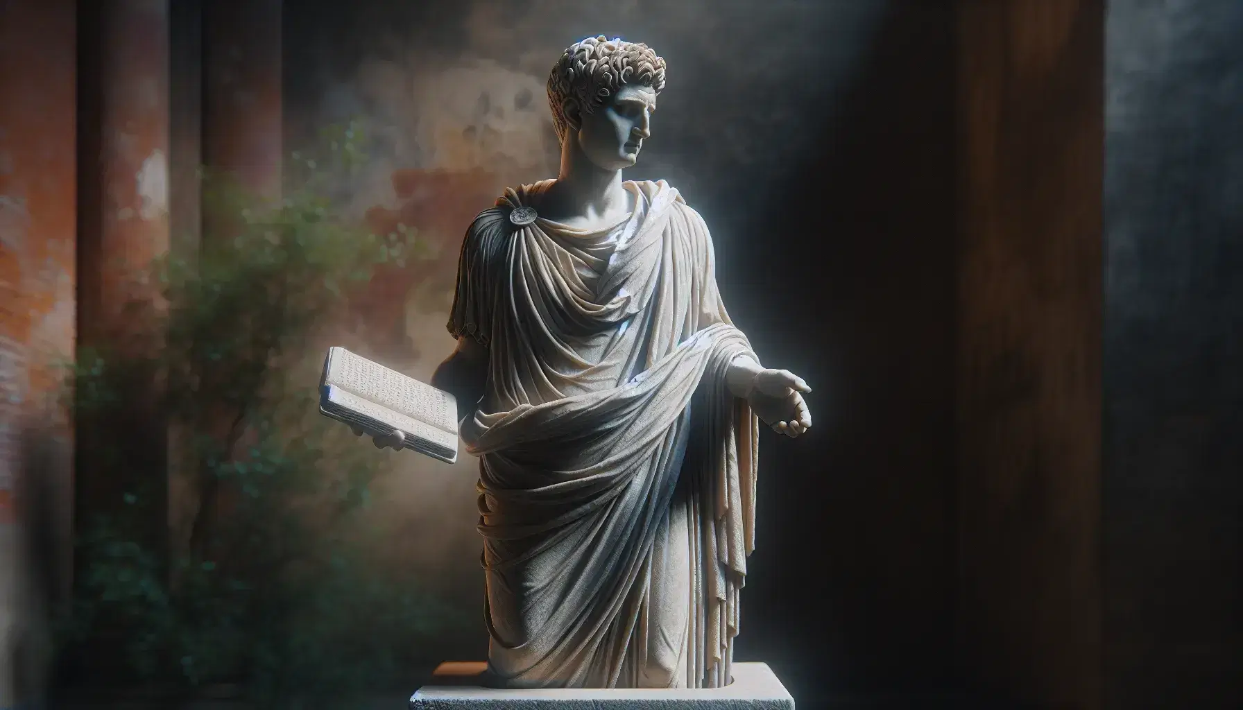 Estatua de piedra gris claro de hombre en atuendo romano tardío con un libro cerrado y mano extendida, sobre pedestal, en fondo desenfocado de vegetación.