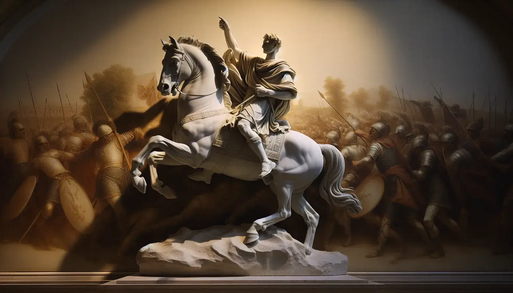 Statua marmorea bianca di eroe a cavallo in posa dinamica con mano alzata e sfondo sfocato di battaglia, cielo chiaro e ombre dettagliate.