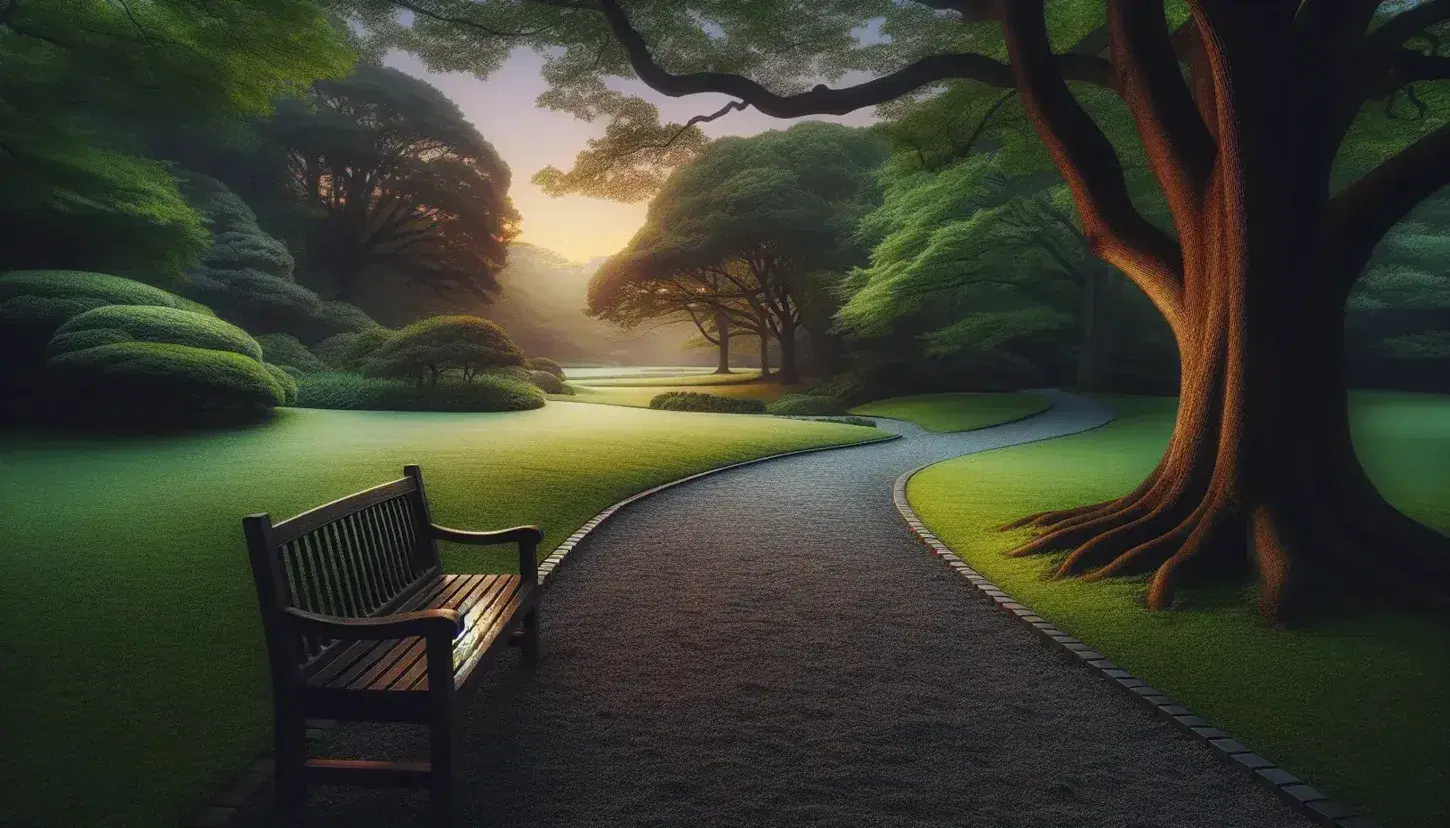 Serene dusk scene in a park with an empty wooden bench, curving gravel path, tall trees with autumn leaves, and a couple walking hand in hand.