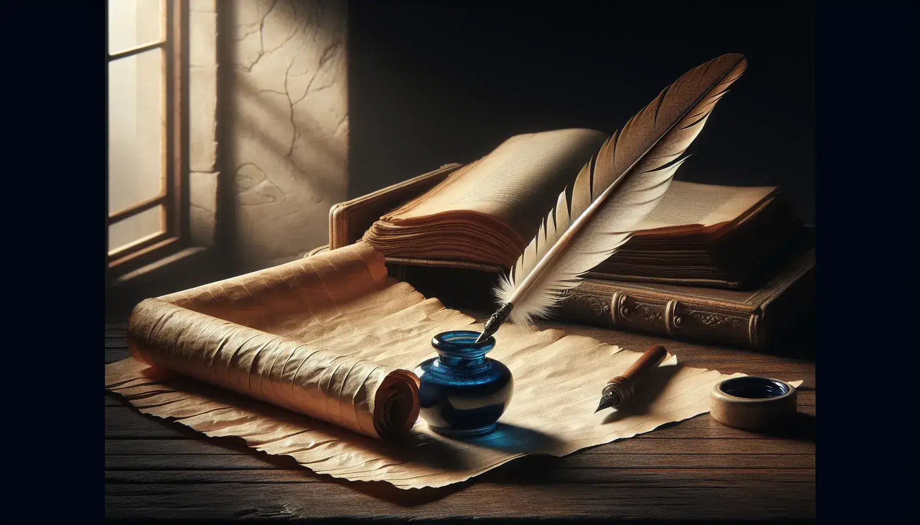 Pergamena antica su tavolo in legno scuro con penna d'oca e calamaio blu, libro aperto sullo sfondo in ambiente da studio.