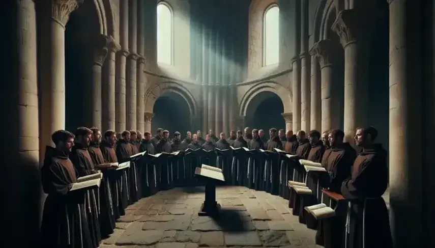 Coro di monaci in tonache marroni canta in chiesa romanica, con colonne e archi in pietra, sotto fasci di luce che filtrano dalle finestre.