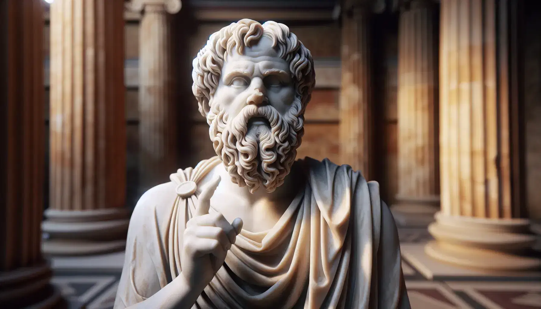 Estatua de mármol blanco de Sócrates con barba rizada y toga, levantando el dedo índice en gesto de diálogo, ante columnas borrosas que evocan la antigua Grecia.