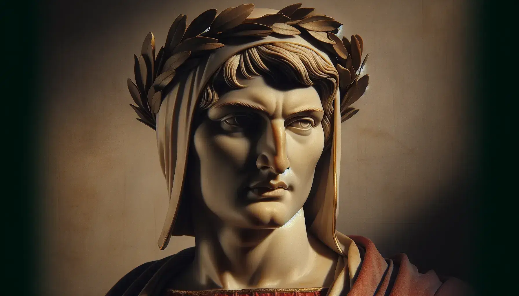 Ritratto artistico di Dante Alighieri con corona d'alloro, abito rosso e mantello blu, volto a tre quarti e sfondo neutro.