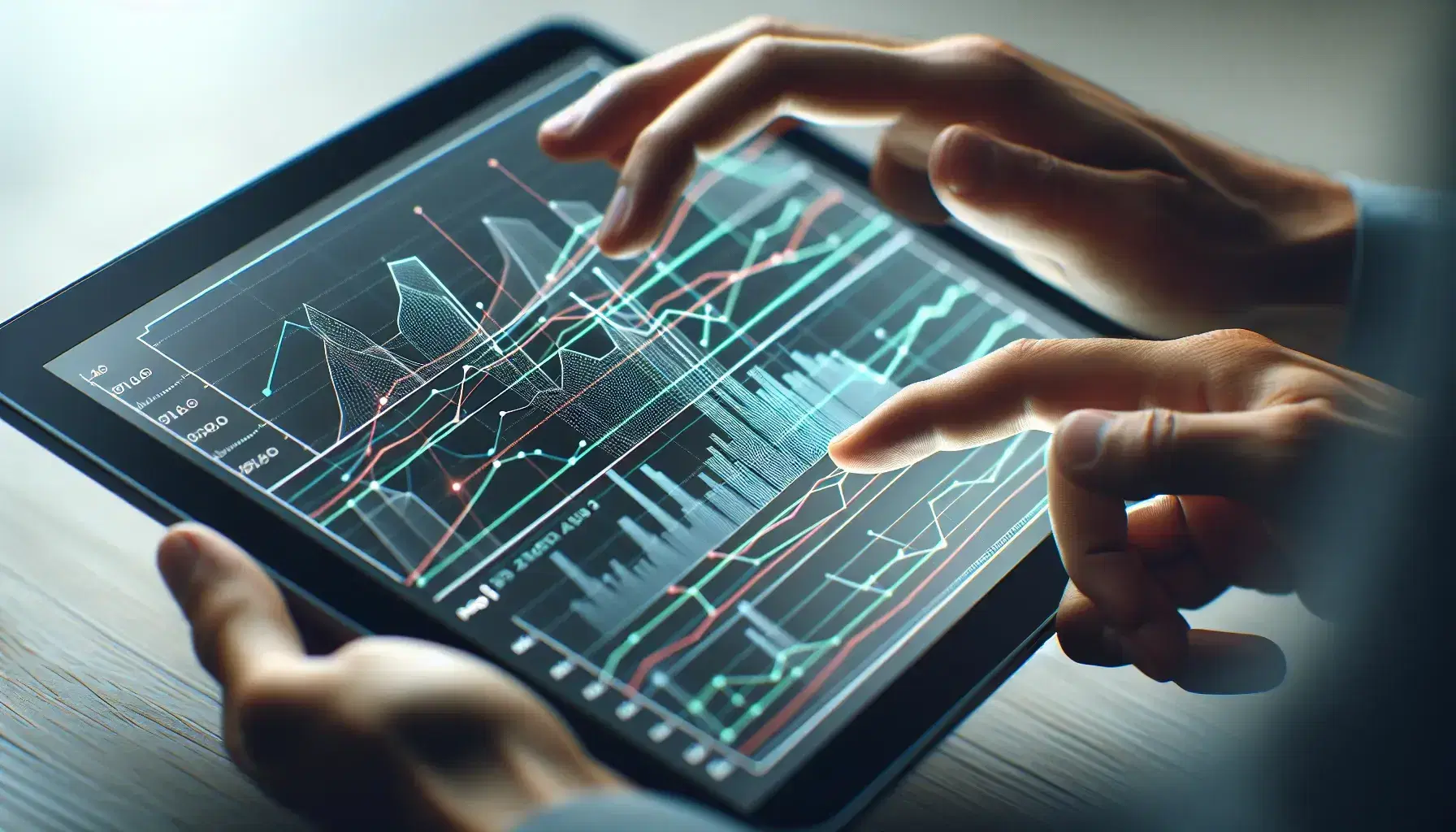 Hands interacting with colorful line graphs on tablet, representing time series of data, with light background and grid structure.