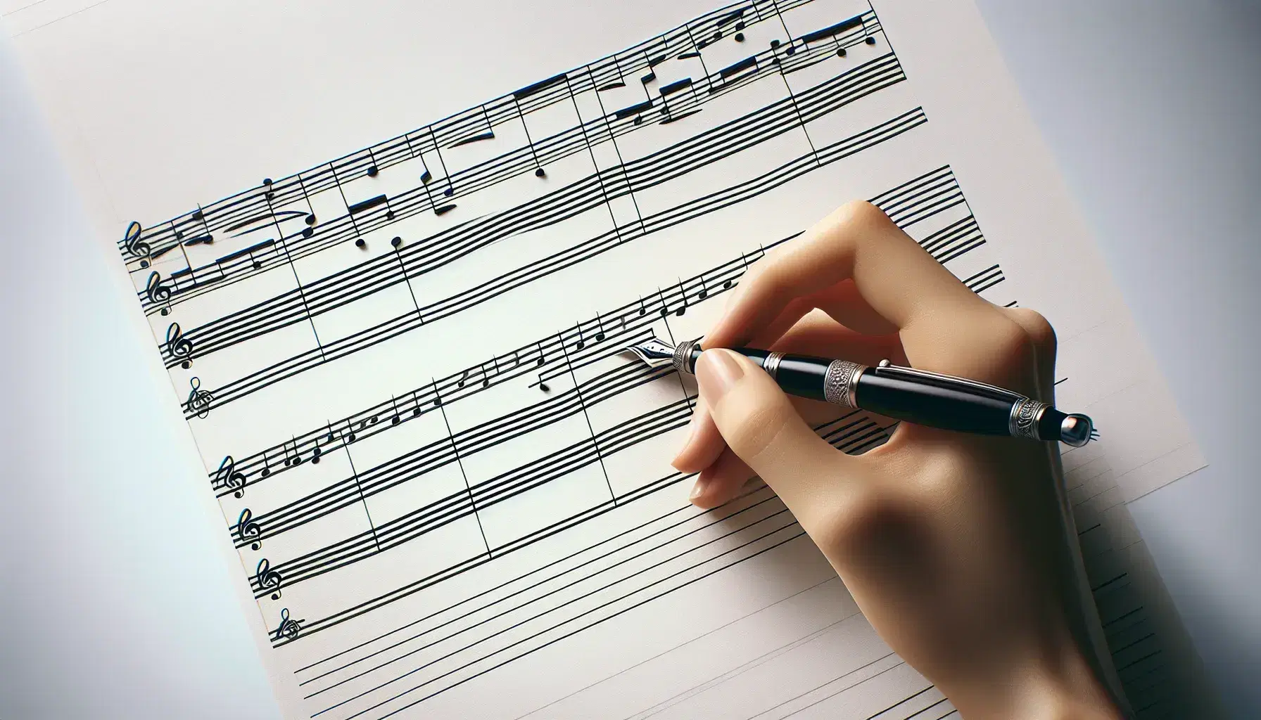Mano con penna stilografica nera pronta a scrivere su pentagramma vuoto, simbolo di creatività musicale e composizione in ambiente sereno.
