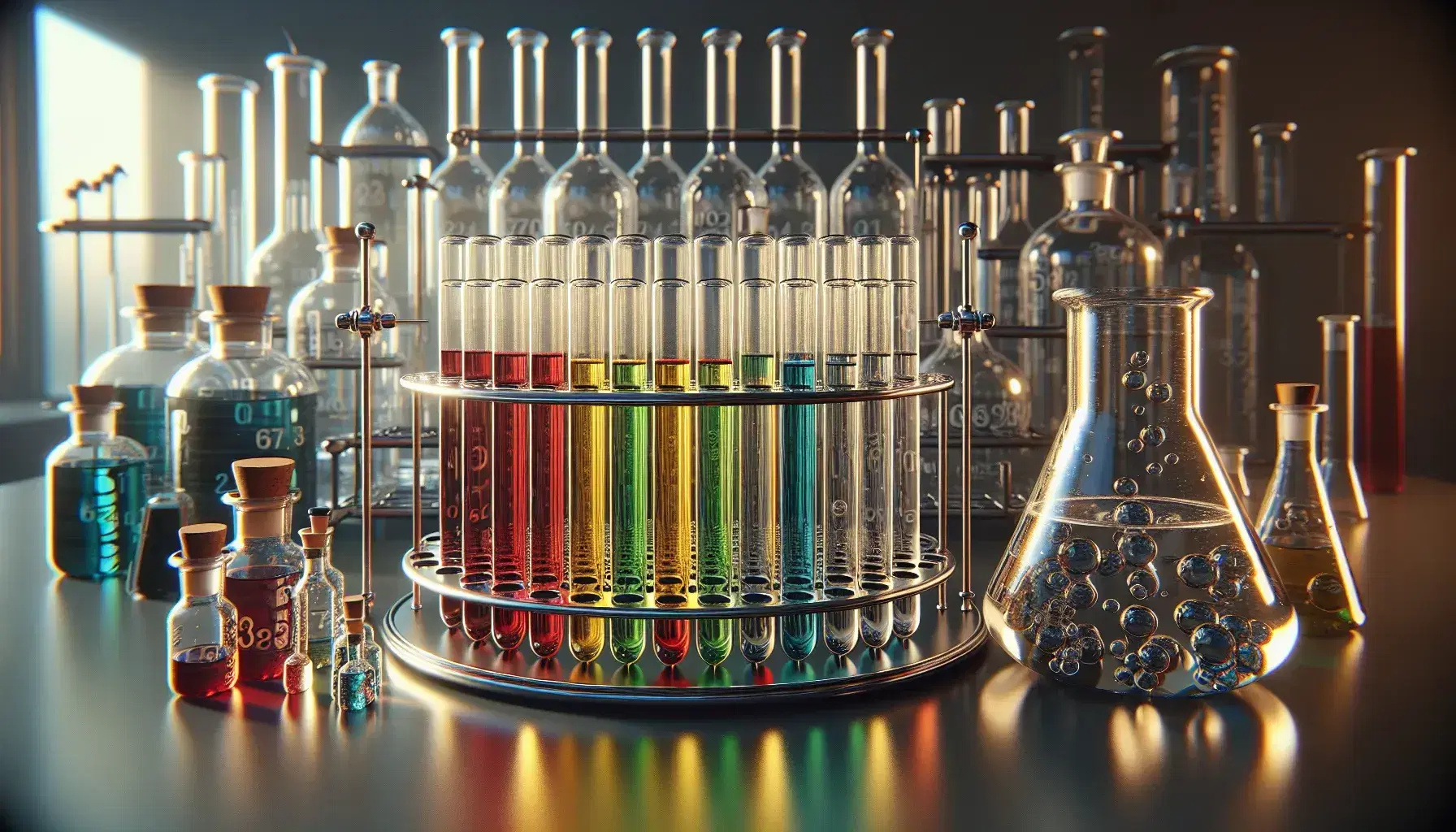 Tubos de ensayo con líquidos de colores rojo, amarillo, verde, azul y transparente en soporte metálico, con frascos de vidrio al fondo en un laboratorio.