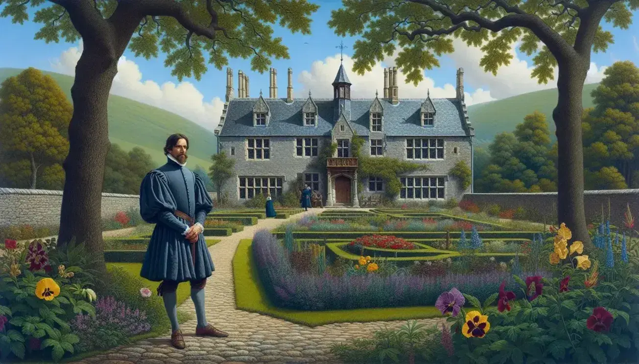 Medieval European manor house with thatched roof, surrounded by gardens and a nobleman in period attire overlooking fields with working peasants.