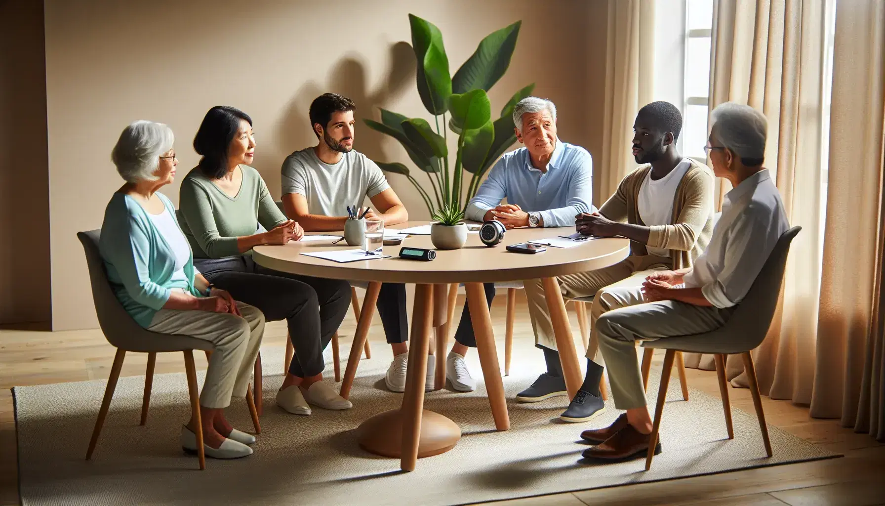 Multi-ethnic group of professionals engaged in a meeting around a round table, with documents and digital recorder, in a naturally lit room.
