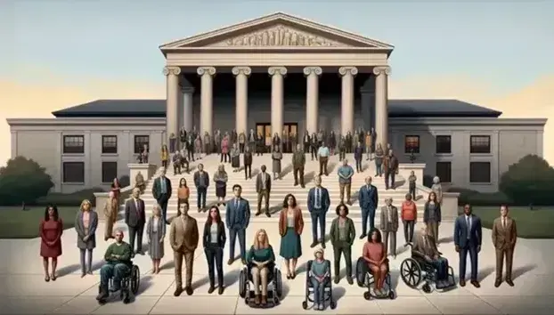 Multi-ethnic group of people, some in wheelchairs, in front of a neoclassical courthouse with columns and dome under a clear sky.