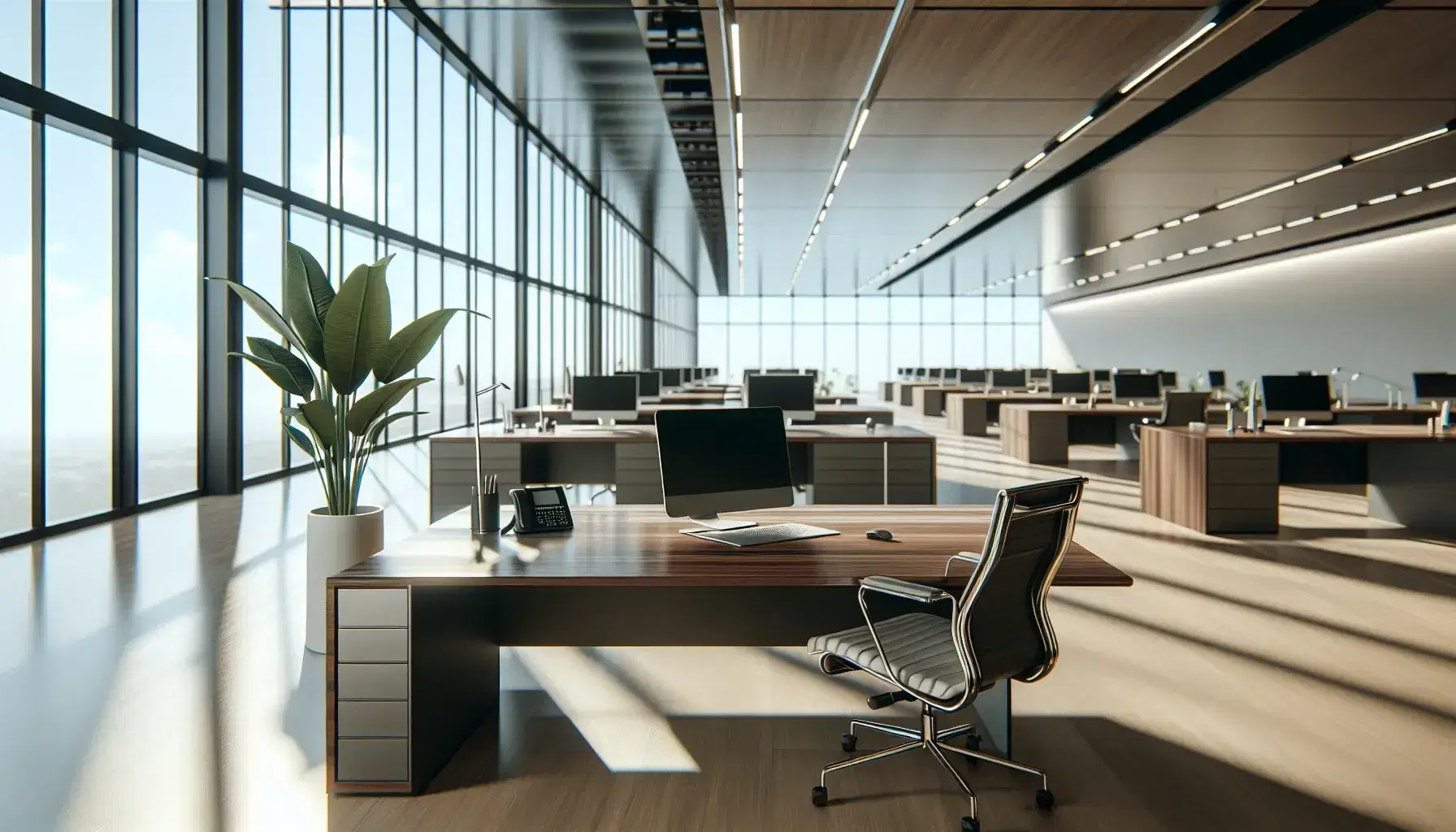 Modern office with natural light, polished wood desks, silver laptops, ergonomic chairs, and a leafy plant, reflecting professionalism and calm.