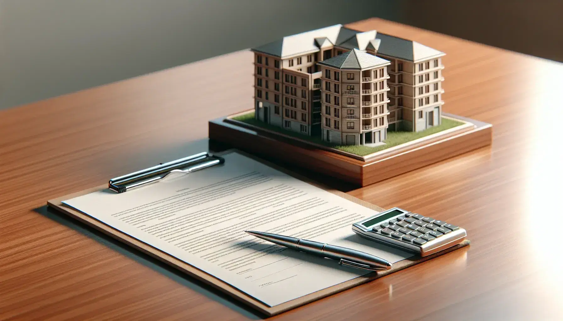 Polished wooden table with open blank lease agreement, silver pen, calculator, and scale model of residential building by a window with city view.