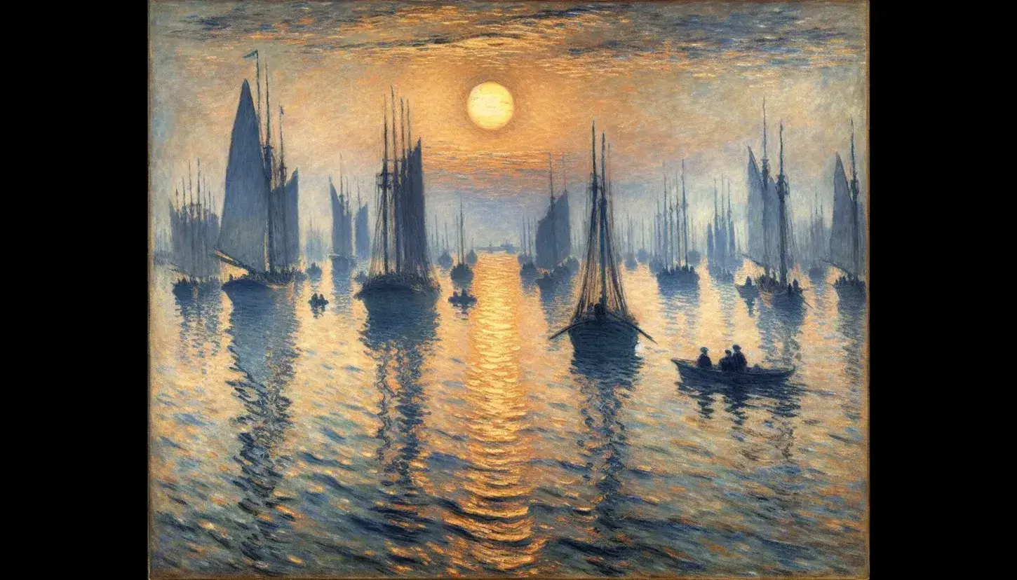 Alba marittima con sole arancione riflesso sull'acqua, barche a vela in silhouette e sfondo di città sfumata nell'opera "Impressione, levar del sole" di Monet.