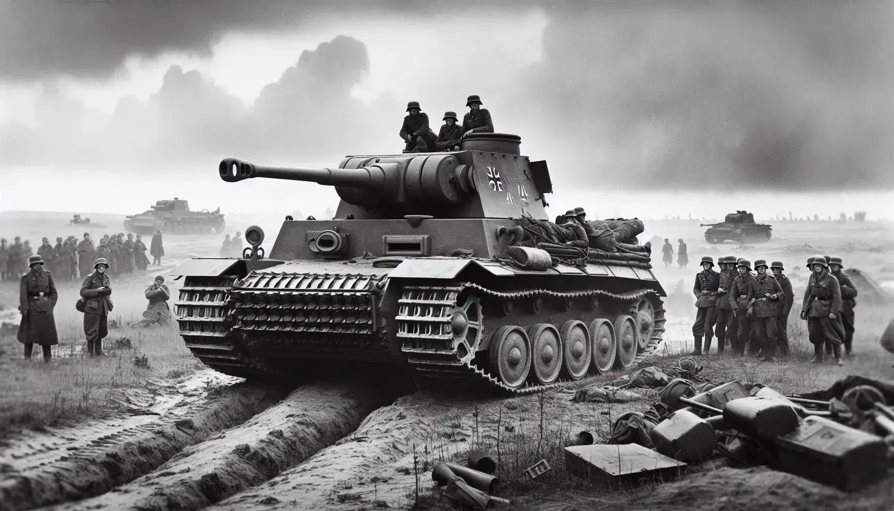 Carro armato tedesco della Seconda Guerra Mondiale in un campo di battaglia con soldati sparsi e cielo nuvoloso.