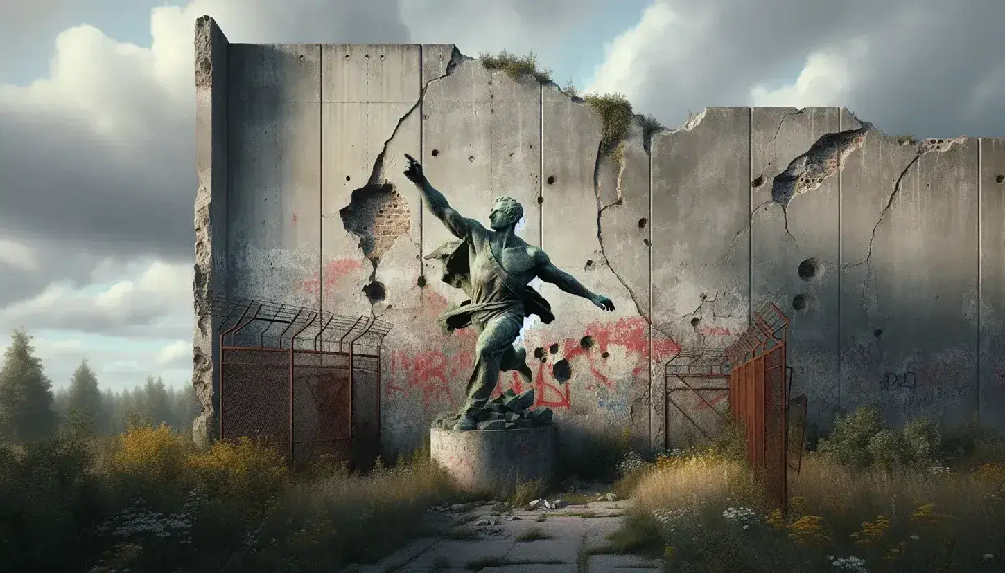 Crumbling gray concrete wall with faded red paint, bronze statue of a man with green patina leading forward, and a rusted, bent chain-link fence.