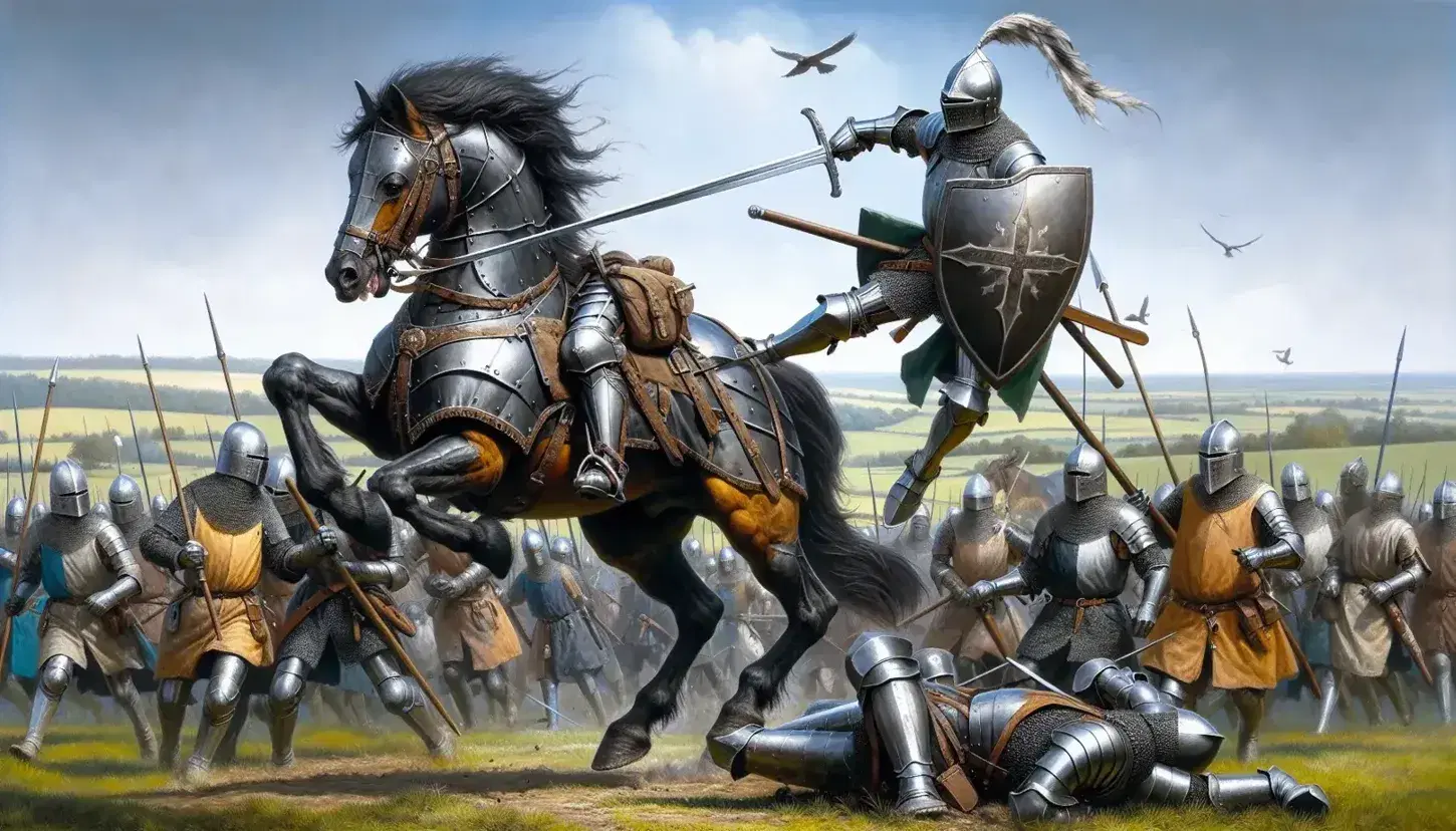 Cavaliere in armatura scintillante su cavallo impennato brandisce spada in battaglia medievale con soldati armati su colline verdi.