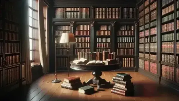 Biblioteca clásica con estanterías de madera oscura llenas de libros encuadernados en cuero, mesa central con libros abiertos y lámpara de pie, ventana con cortinas beige.