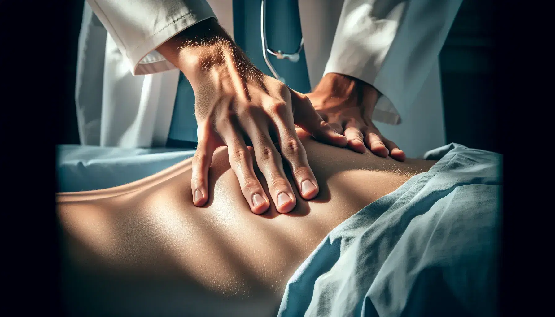 Manos de profesional de la salud realizando técnica de percusión en espalda de paciente con bata azul claro, destacando la concentración y cuidado en el procedimiento.