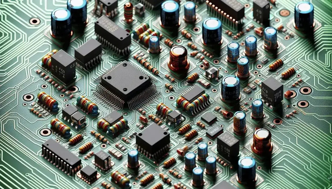Close-up of an electronic board with various components such as black integrated circuits, colored capacitors, resistors and transistors.