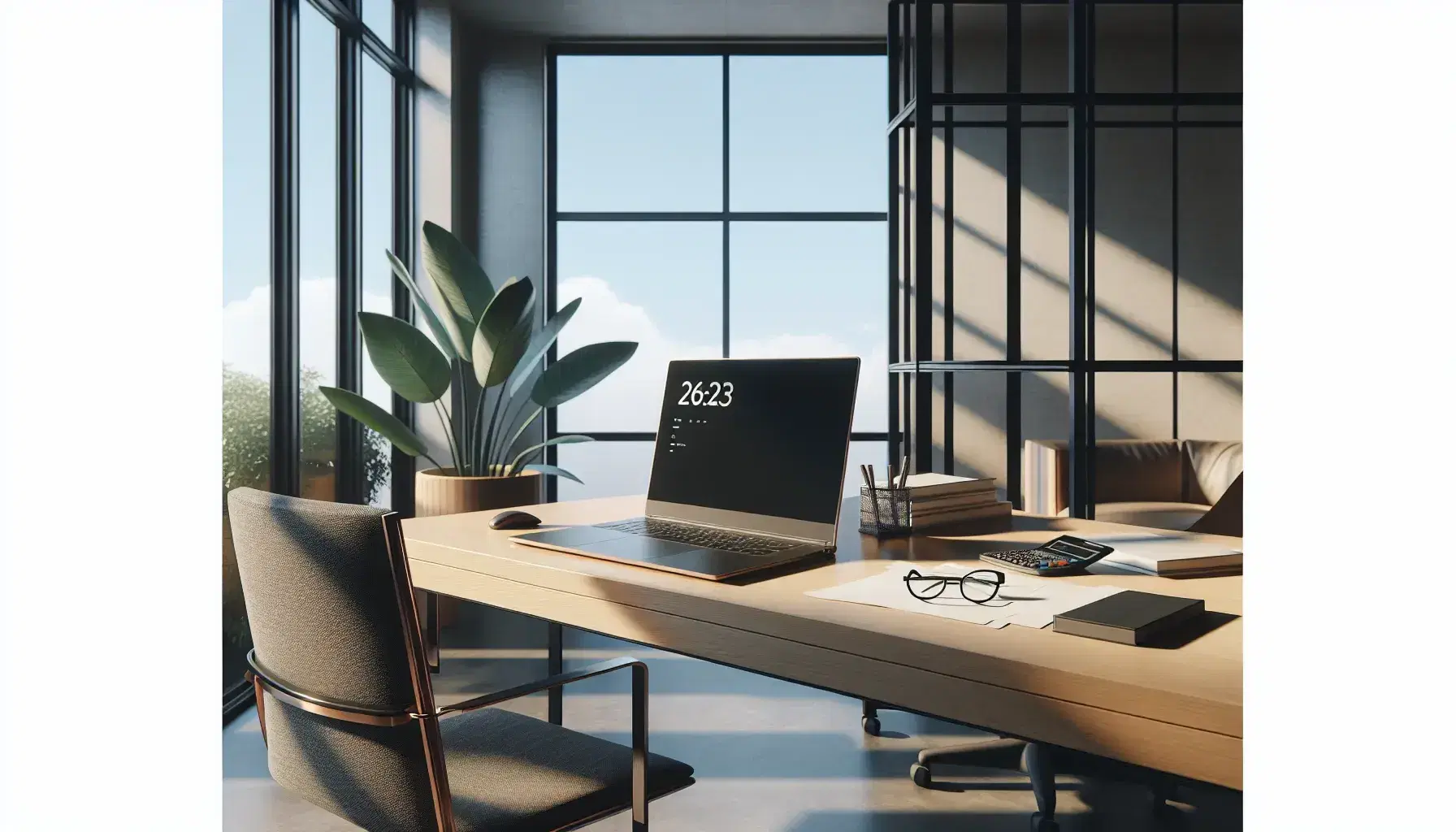 Oficina moderna con mesa de madera, portátil abierto, gafas y calculadora, silla ergonómica y planta junto a ventana con cielo azul.
