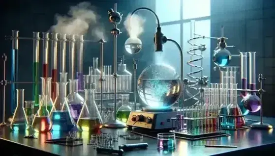 Laboratorio scientifico con becher di vetro contenenti liquidi colorati, fiamma di Bunsen e materiale da laboratorio su tavolo metallico.