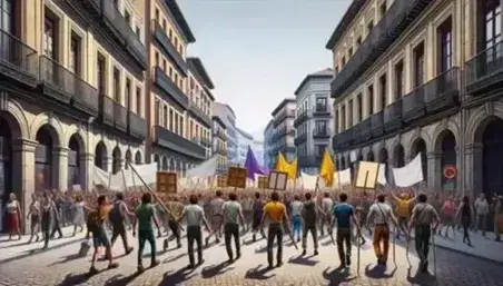 Diverse protesters march on cobblestone street in Spain, holding colorful banners, with historic European buildings in the background.