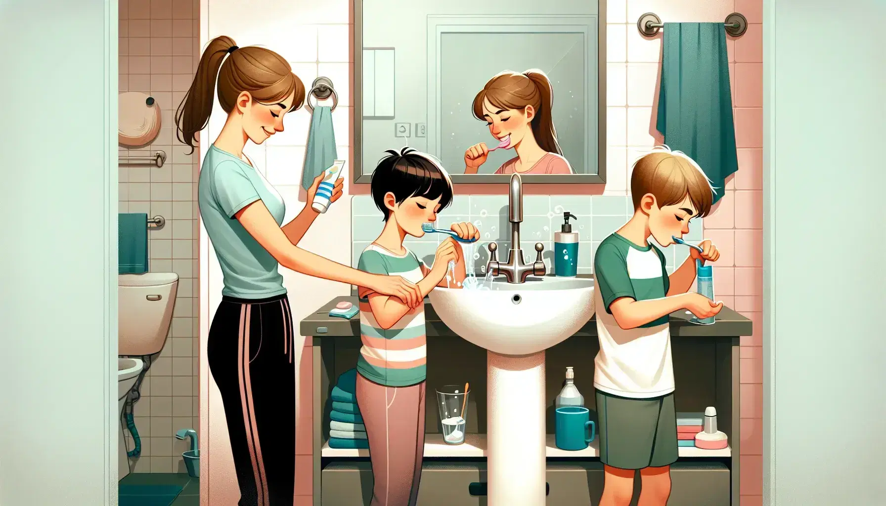 Tres personas realizando actividades de higiene en casa: mujer lavándose las manos, niño cepillándose los dientes y adolescente recogiendo basura.
