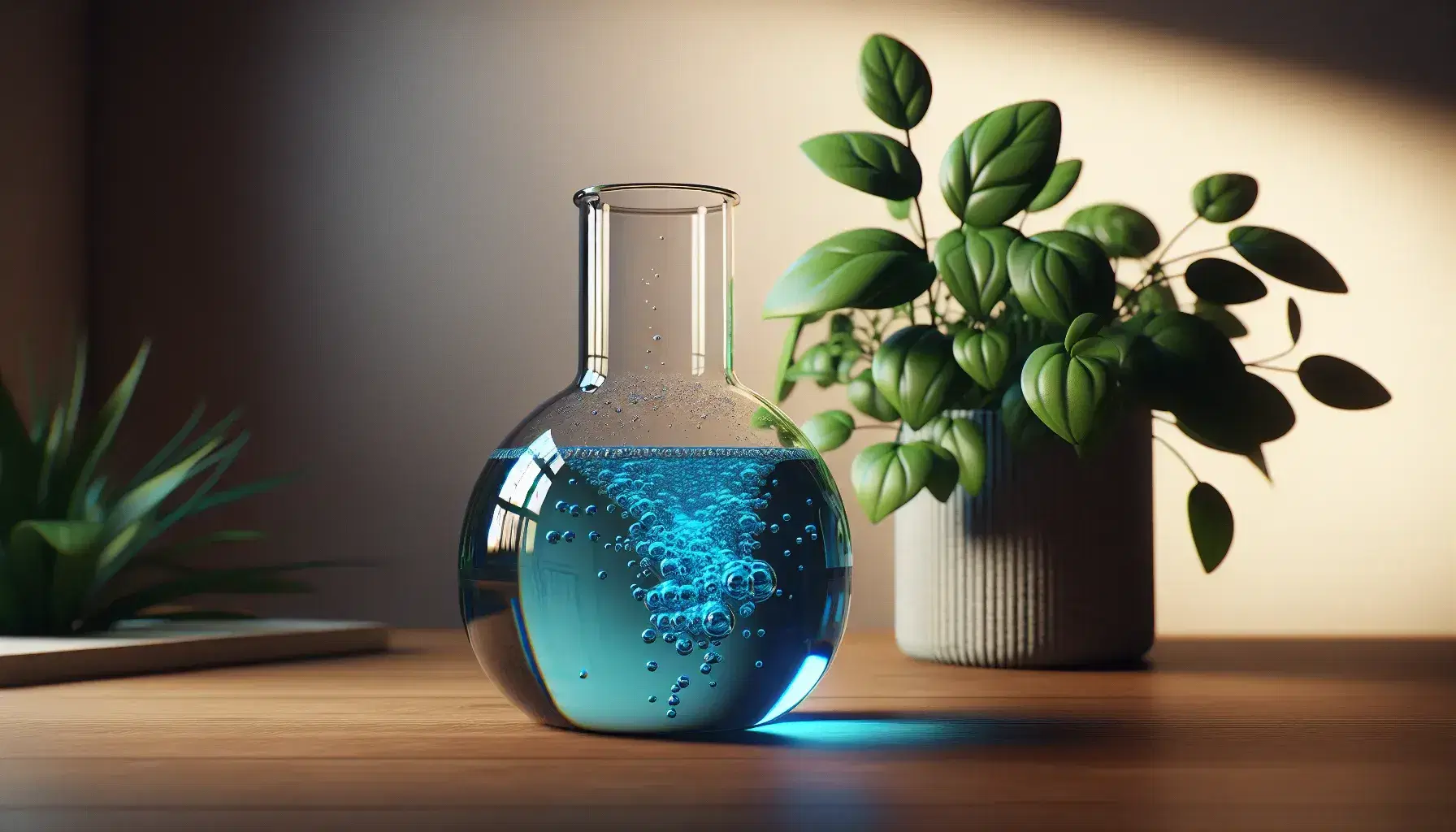 Round-bottom flask with bubbling blue liquid on a wooden table, with a blurred green potted plant in the background, in a softly lit setting.