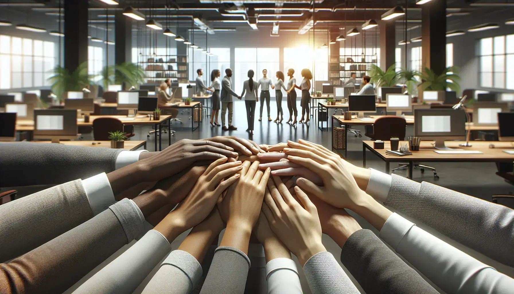 Manos entrelazadas de personas diversas en círculo simbolizando unidad en un ambiente de oficina con mobiliario moderno y decoración vegetal.