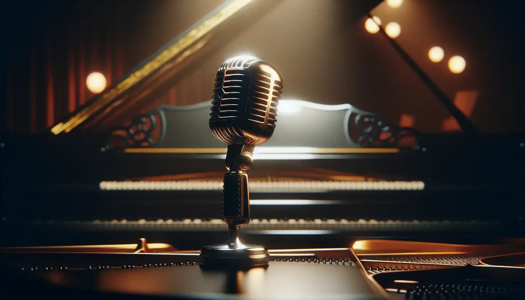 Vintage 1950s microphone with a polished metallic surface and intricate grille, set against a softly lit grand piano in a jazz club ambiance.