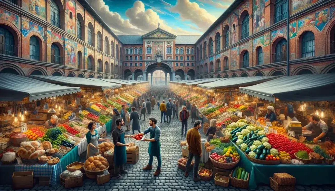 Mercato all'aperto con bancarelle colorate, venditori e clienti, circondato da edifici storici in una giornata soleggiata.