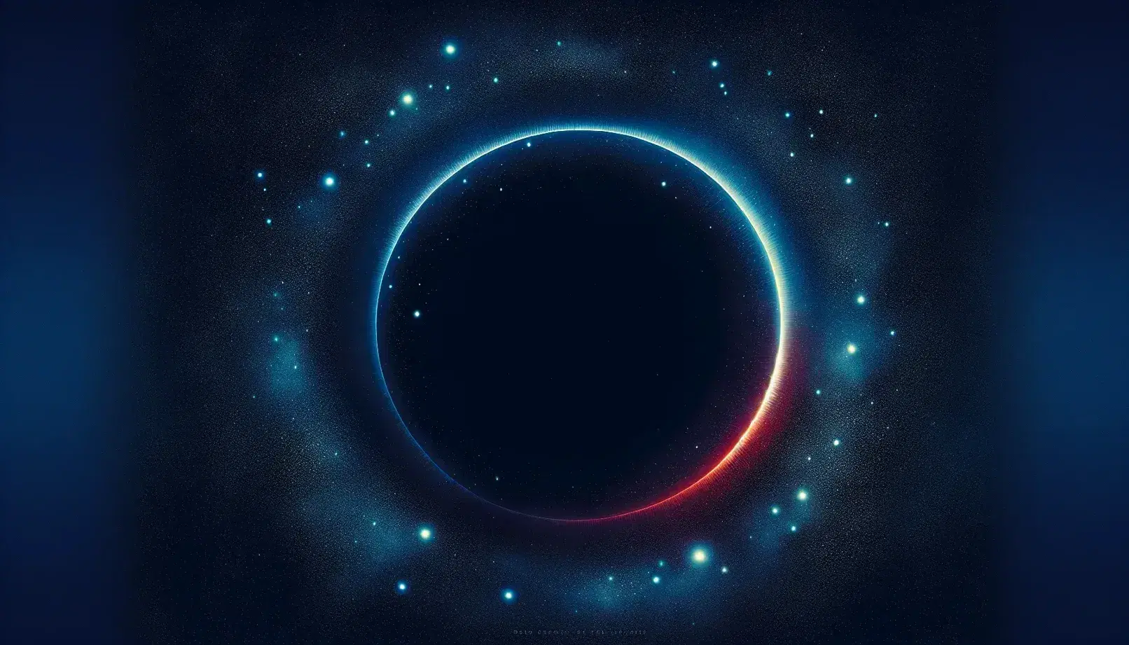 Cielo nocturno con estrellas y un misterioso vacío circular central rodeado por un halo de luz que cambia de azul a rojo y amarillo.