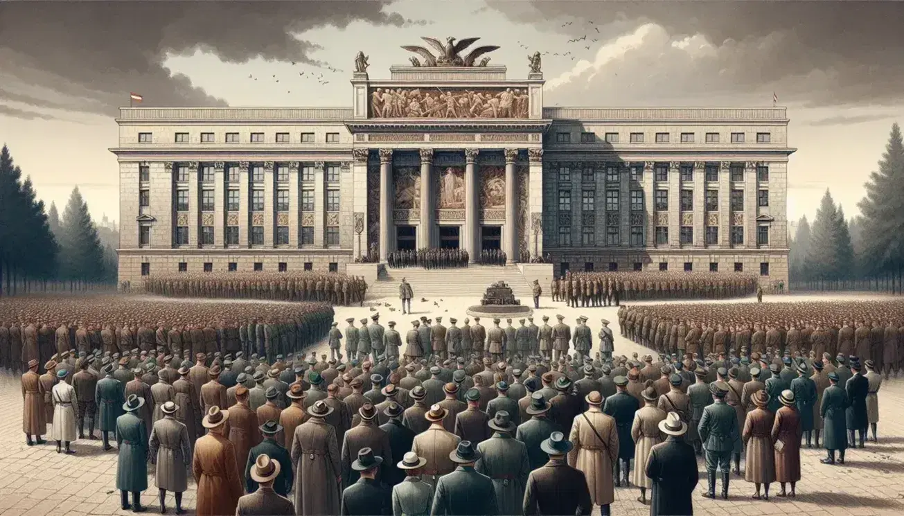 Austrian civilians in 1930s attire gather in a square before a neoclassical building, with soldiers in dark uniforms standing at attention nearby.
