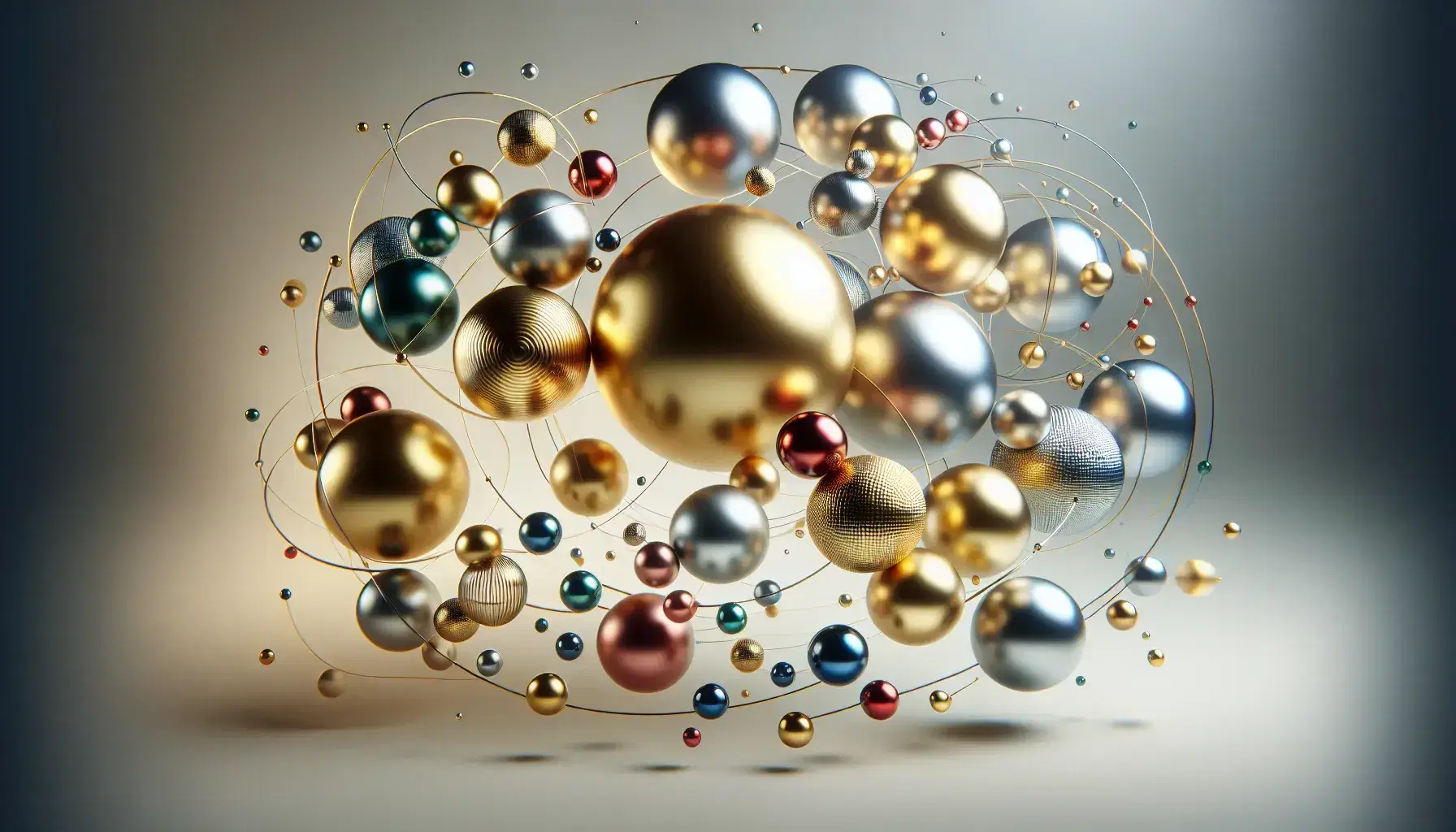 Esferas metálicas suspendidas de varios tamaños y colores con reflejos suaves y sombras leves sobre fondo gris claro, evocando un sistema orbital.