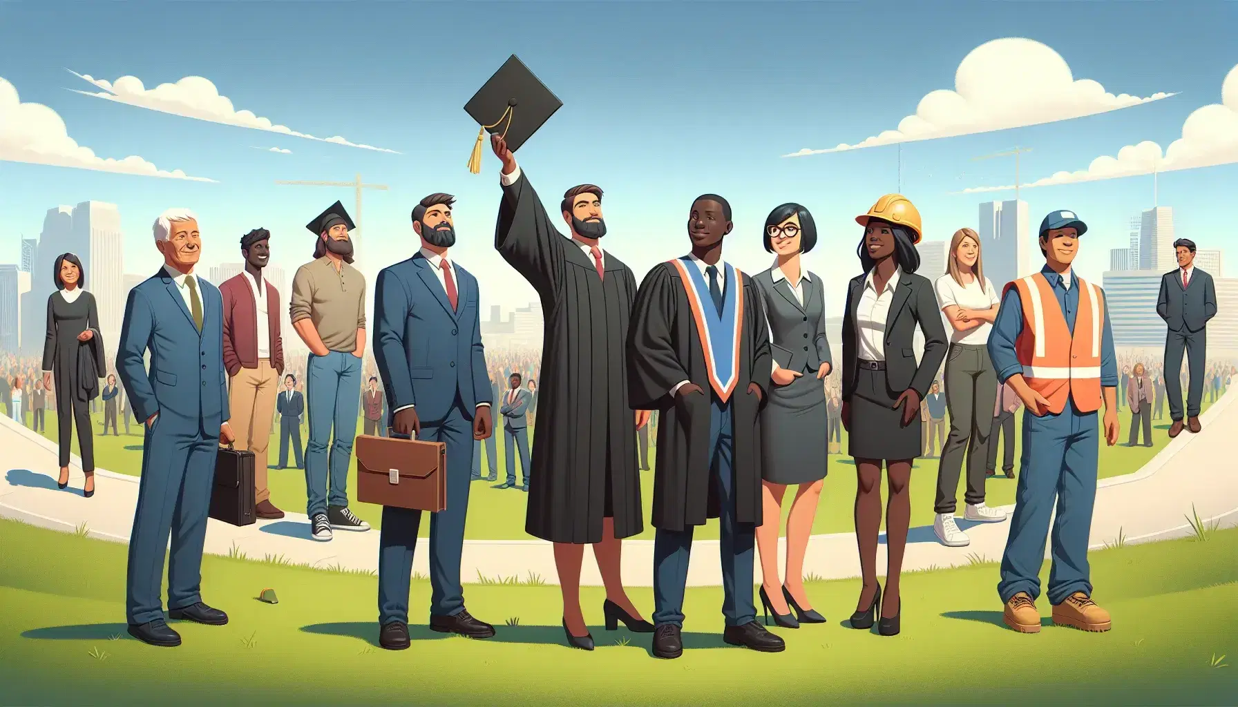 Grupo diverso de personas celebrando al aire libre, con un graduado en el centro, un empresario y un trabajador con casco, bajo un cielo azul.