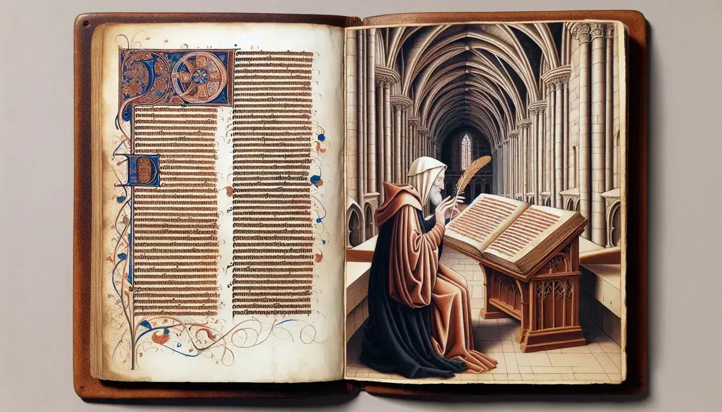 Manuscrito medieval abierto con ilustración de figura humana escribiendo y arquitectura gótica en el fondo, sobre mesa de madera oscura.