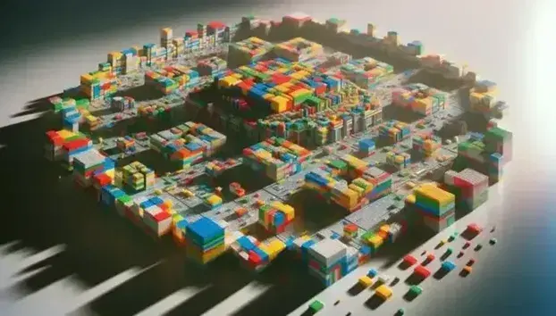 Blocchi colorati di gioco per costruzioni in plastica disposti su superficie neutra con struttura centrale più complessa.