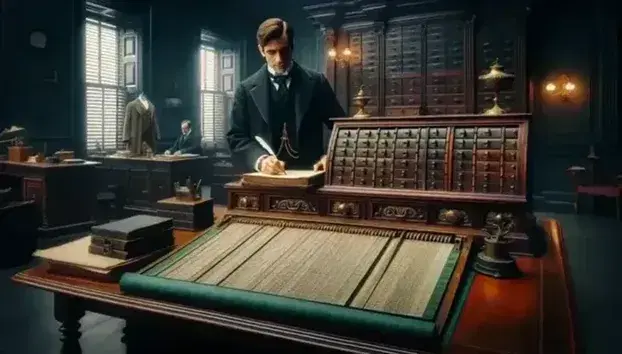 Historic office from the end of the 19th century with a man in a dark suit in front of a desk with an open register, an archive cabinet and a bowler hat.