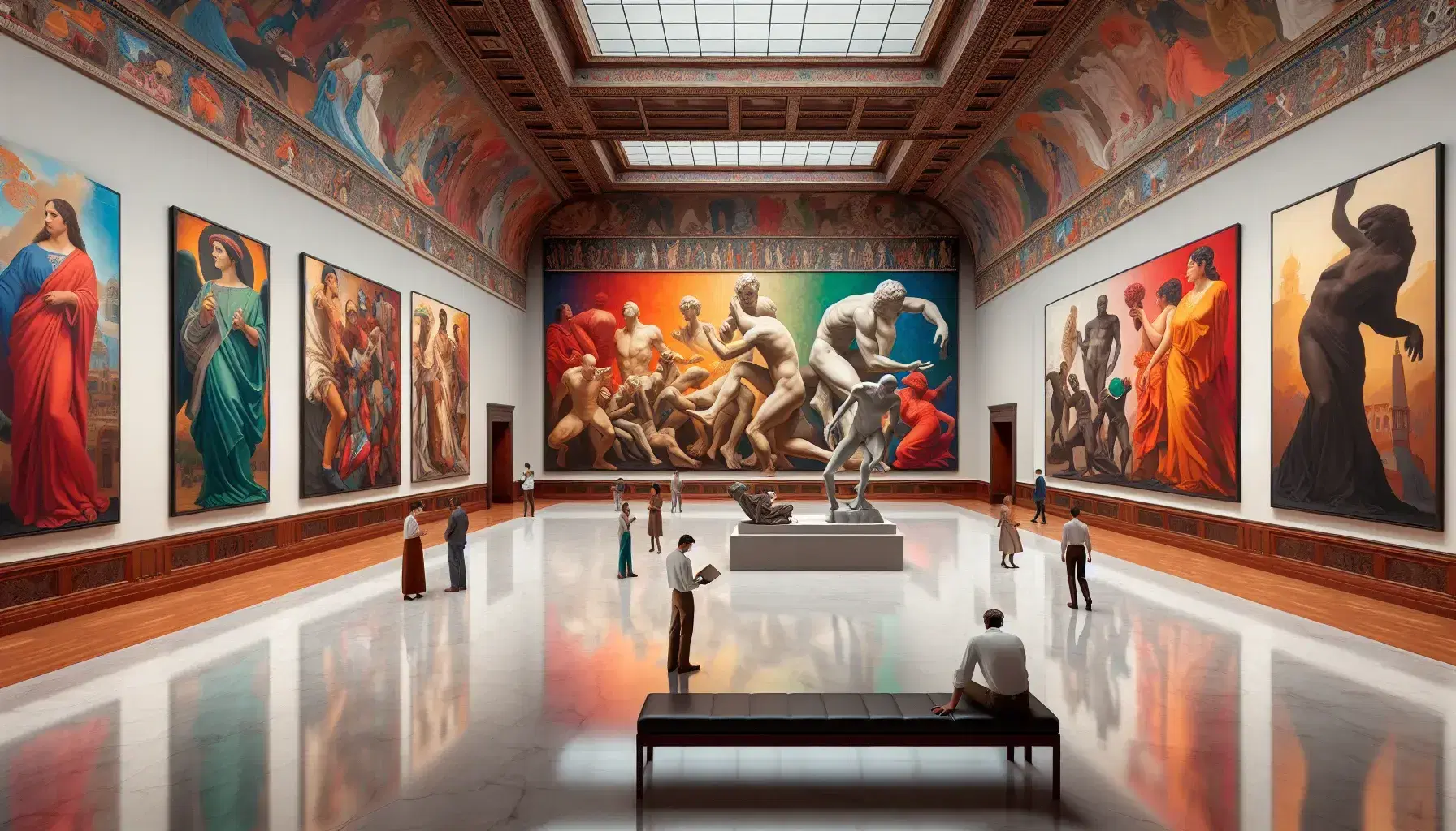 Interior de sala de arte con mural colorido de figuras humanas y escultura de bronce en pose pensativa, visitantes observando y luz natural.