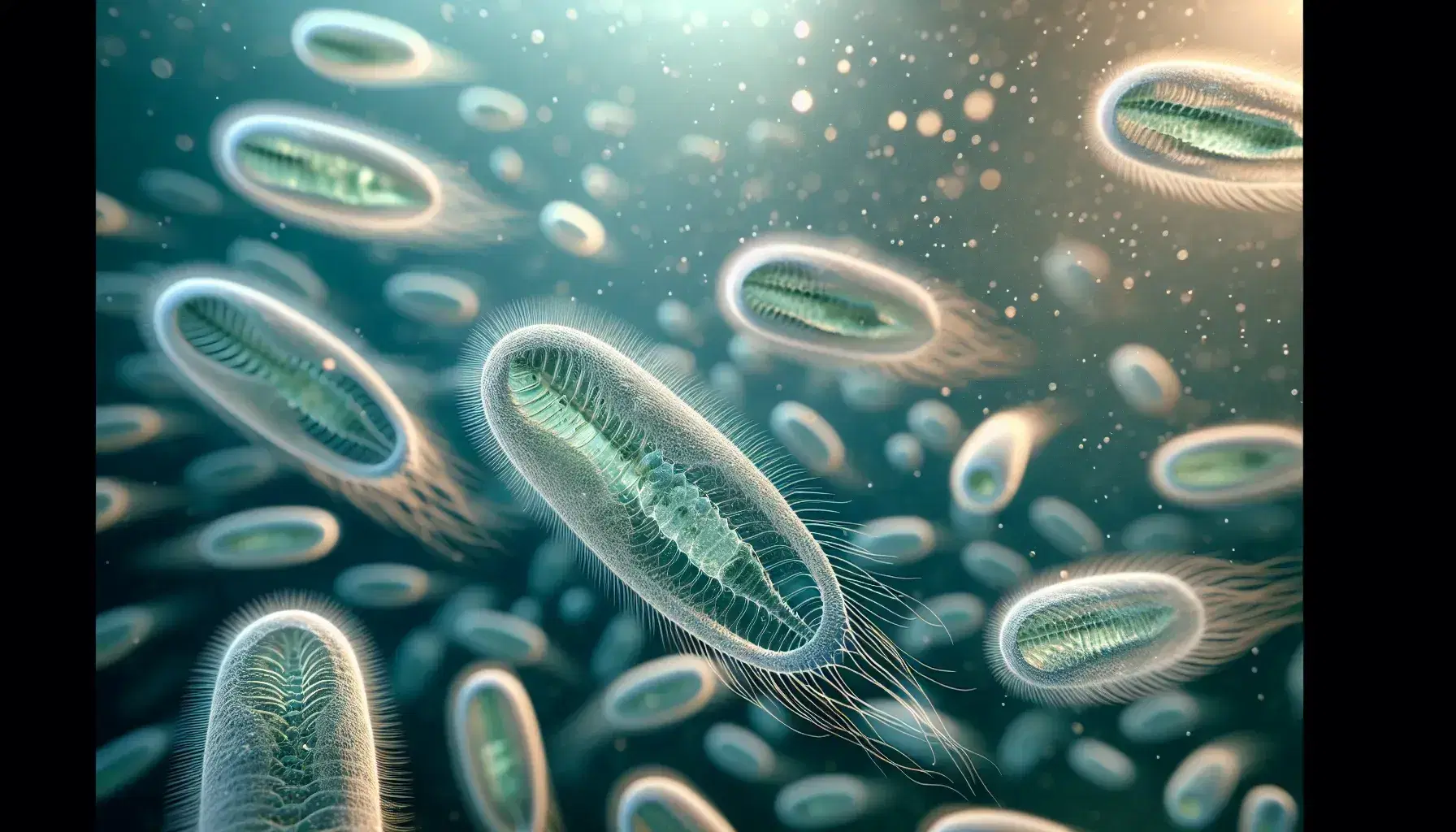 Close-up view of Paramecium ciliates with cilia in motion, in a natural aquatic habitat with a gradient blue-green background and light refraction patterns.