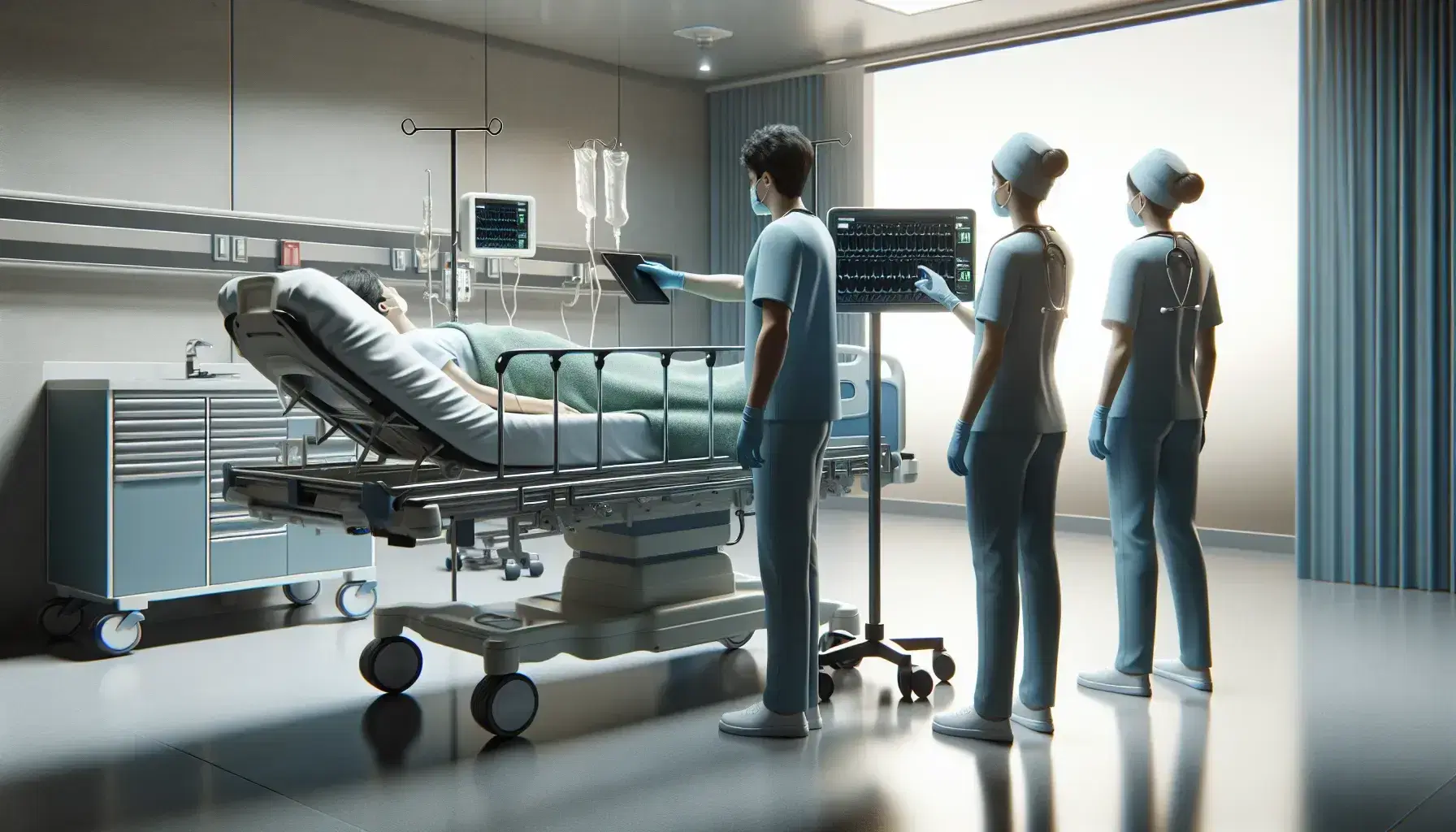 Profesionales de la salud atienden a paciente en cama de hospital con monitor apagado en sala de emergencias iluminada.