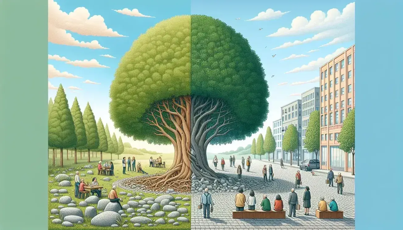 Paisaje natural con árbol frondoso y colinas verdes junto a plaza urbana con personas relajándose en bancos de madera y edificios pastel al fondo.