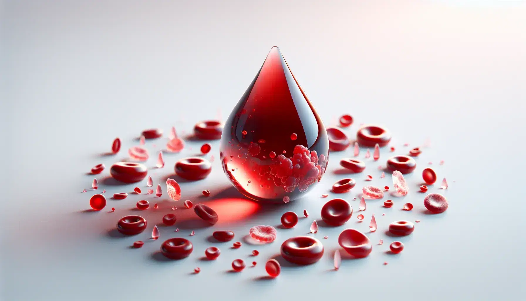 Gota de sangre brillante sobre fondo blanco con células sanguíneas dispersas, incluyendo discos rojos y leucocitos irregulares, y pequeñas plaquetas amarillentas.