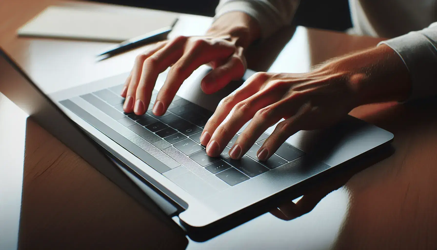 Hands typing on modern laptop keyboard on wooden desk, with white cup and green plant, soft lighting.